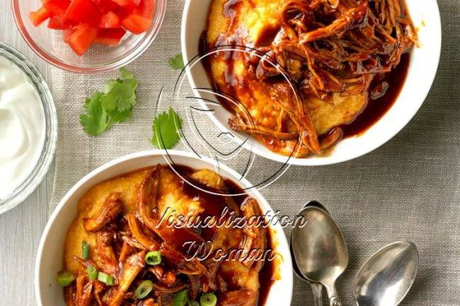 Shredded Barbecue Chicken over Grits