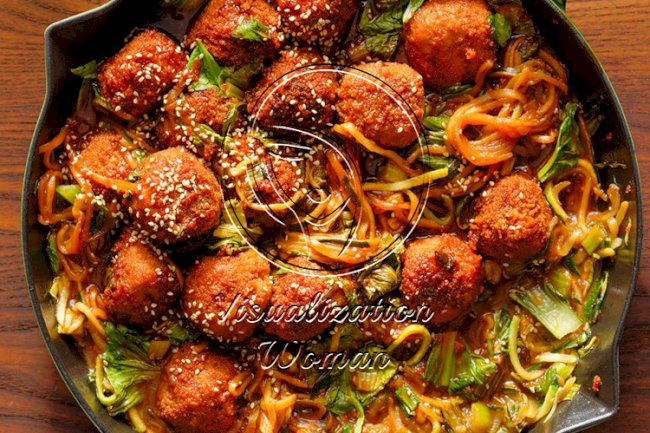Plum Pork Spicy Meatballs with Bok Choy and Zucchini