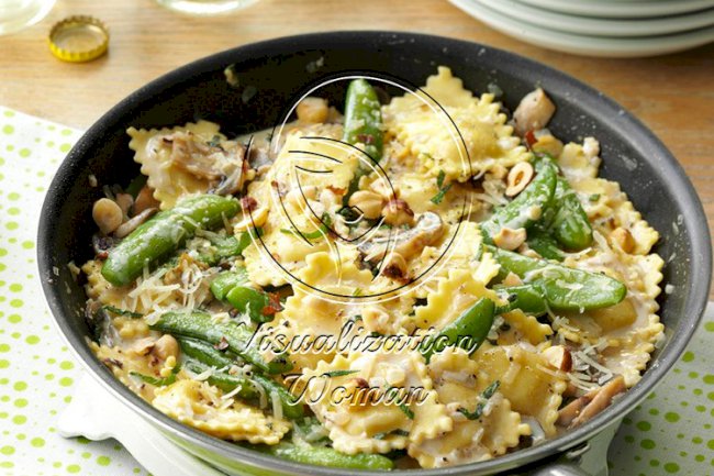 Ravioli with Snap Peas & Mushrooms