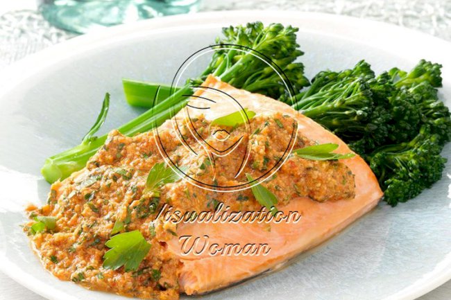Baked Salmon with Herbed Pecan Romesco