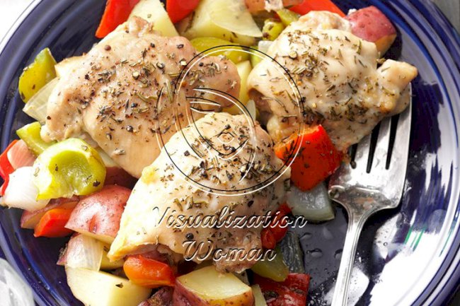 Roasted Chicken Thighs with Peppers & Potatoes