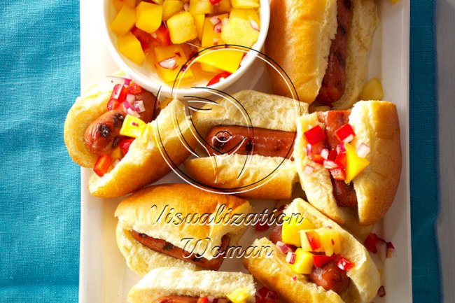 Hot Dog Sliders with Mango-Pineapple Salsa
