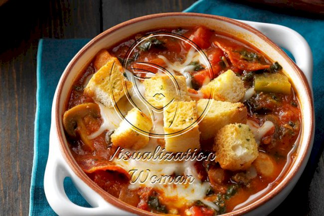Pizza Soup with Garlic Toast Croutons