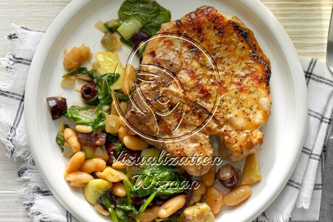 Dry-Rub Grilled Pork Chops over Cannellini Greens