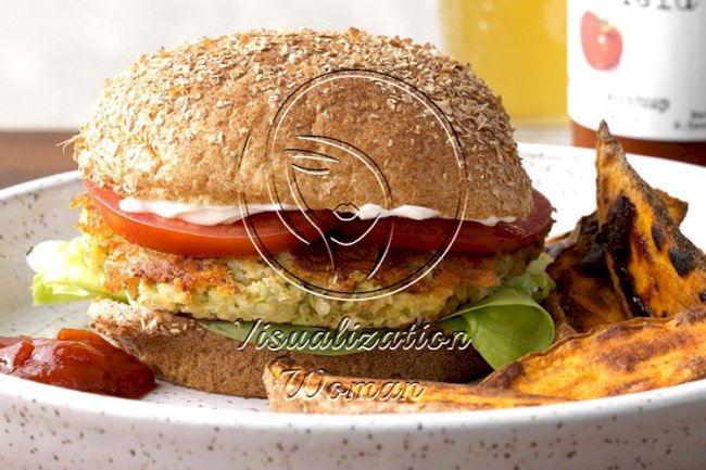 Broccoli Cheeseburgers with Spicy Sweet Potatoes