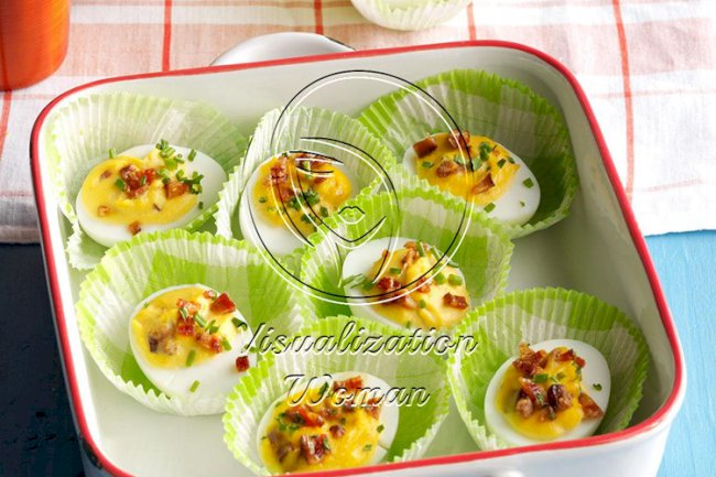 Bourbon Candied Bacon Deviled Eggs