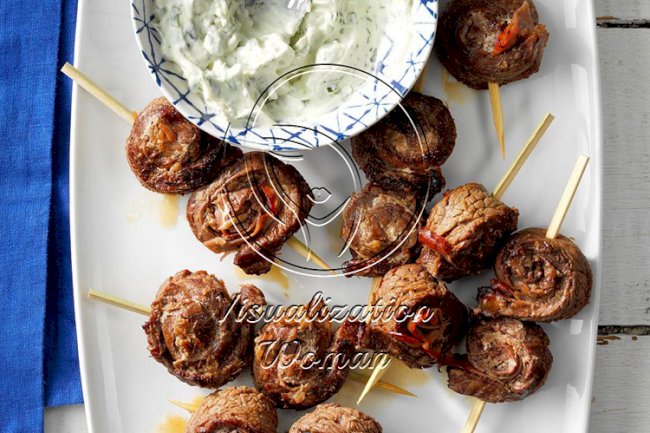 Steak & Prosciutto Skewers with Creamy Basil-Tarragon Sauce