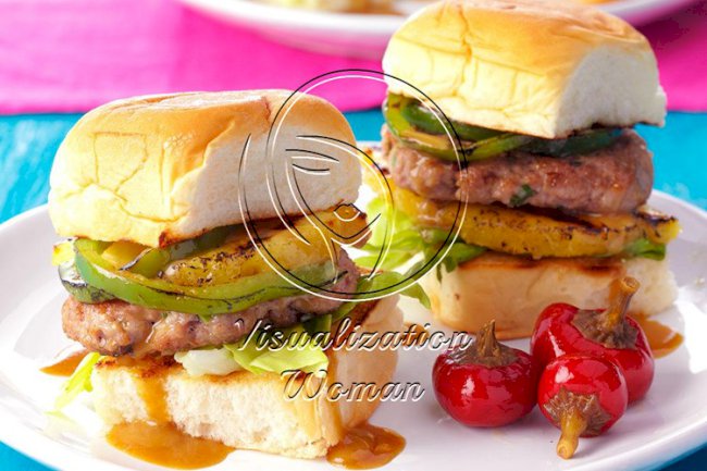 Pork Burgers with Grilled Pineapple & Peppers