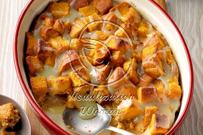 Pumpkin Bread Pudding with White Chocolate Sauce