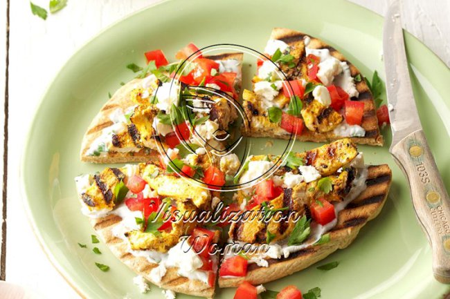 Tandoori Spiced Chicken Pita Pizza with Greek Yogurt and Cilantro