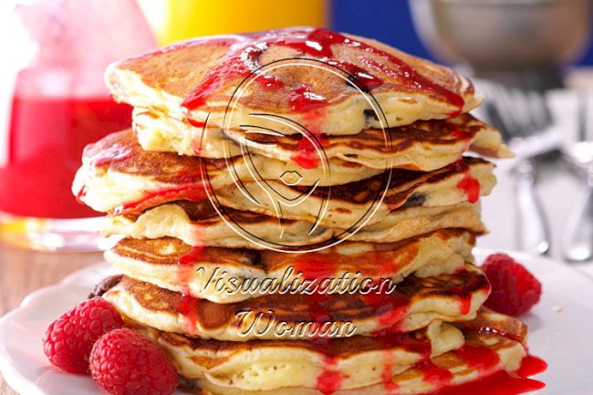 Chocolate Chunk Pancakes with Raspberry Sauce