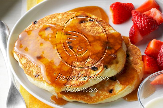 Chocolate Chip Pancakes with Cinnamon Honey Syrup