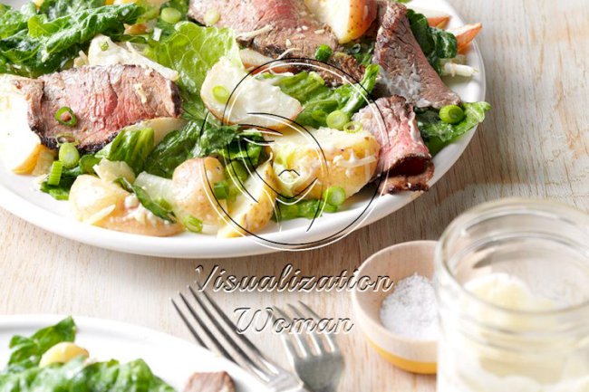 Caesar Salad with Grilled Steak and Potatoes