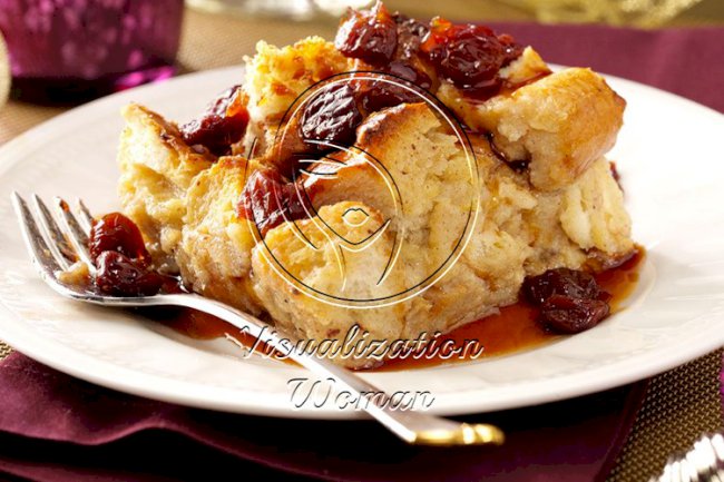 White Chocolate Bread Pudding with Tart Cherry Sauce