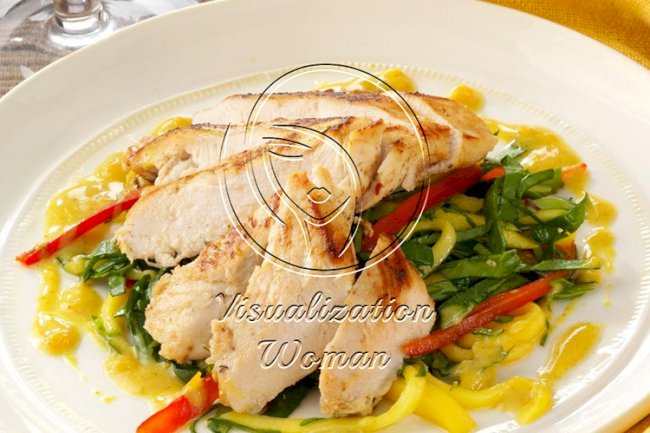 Island Chicken with Mango Slaw and Curry Sauce