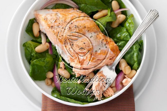 Roasted Salmon & White Bean Spinach Salad