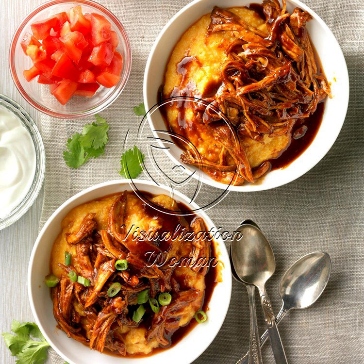Shredded Barbecue Chicken over Grits