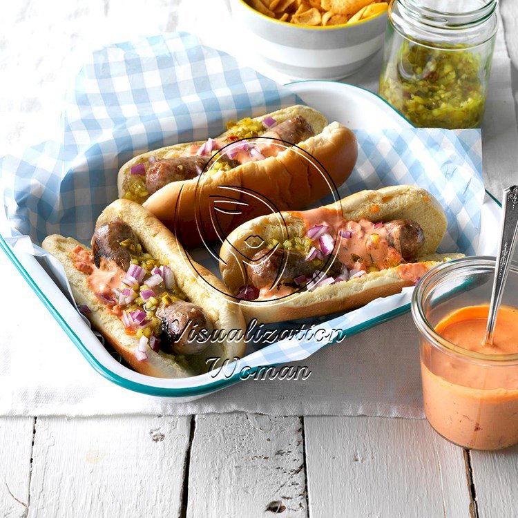 Grilled Brats with Sriracha Mayo