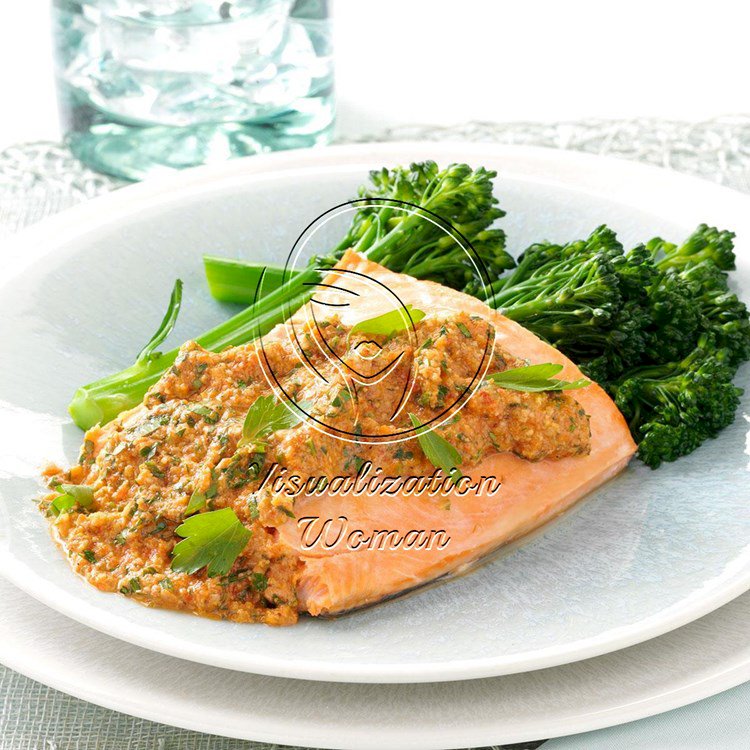 Baked Salmon with Herbed Pecan Romesco