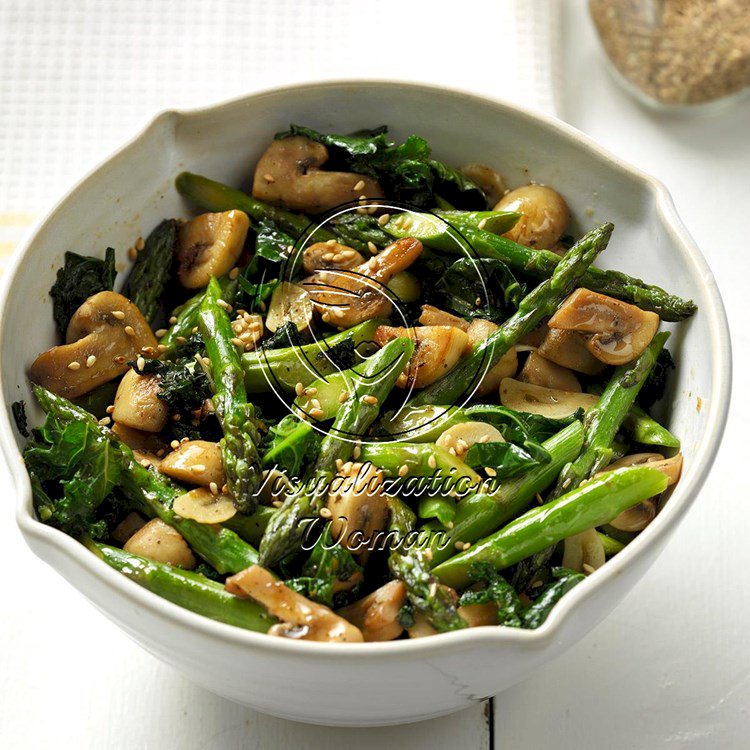 Fresh Thai Asparagus, Kale and Garlicky Mushrooms