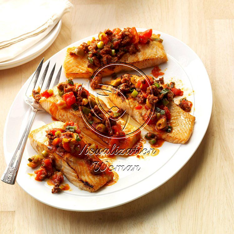 Grilled Salmon with Chorizo-Olive Sauce