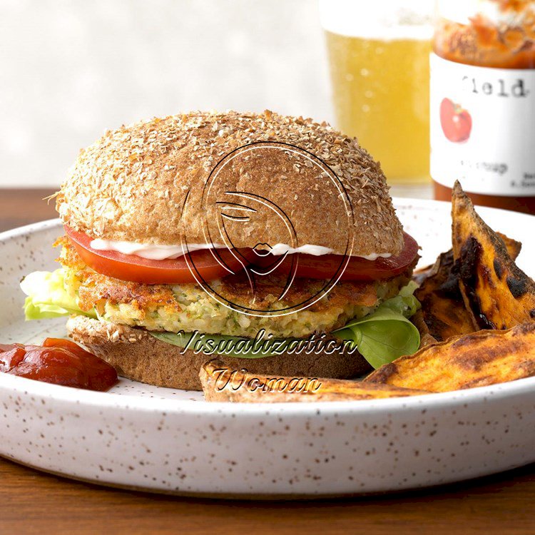 Broccoli Cheeseburgers with Spicy Sweet Potatoes