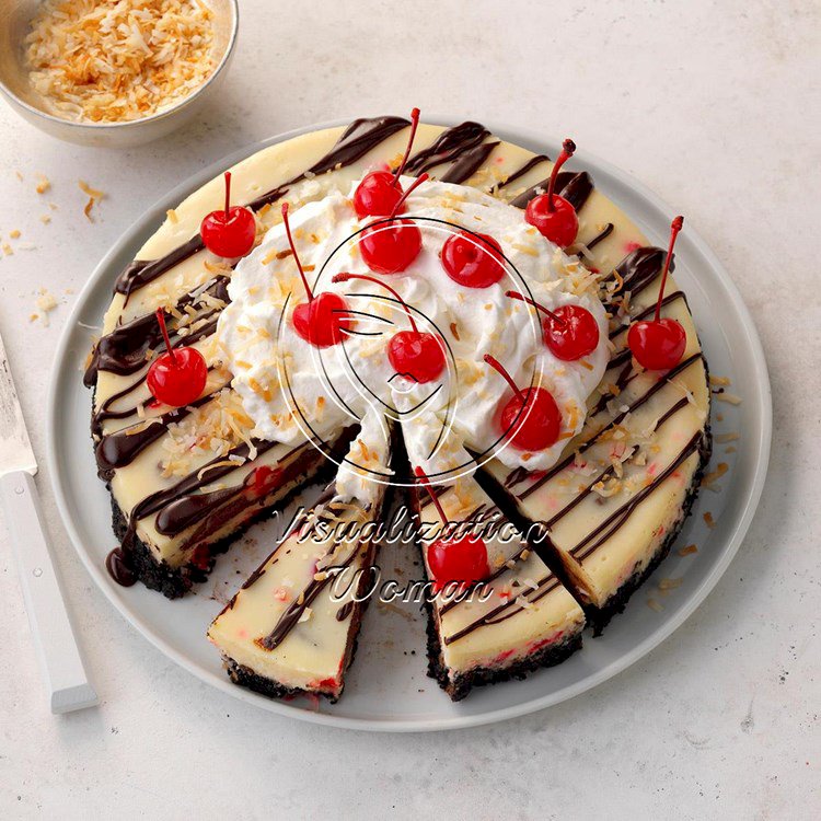 Cherry Fudge Truffle Coconut Cheesecake