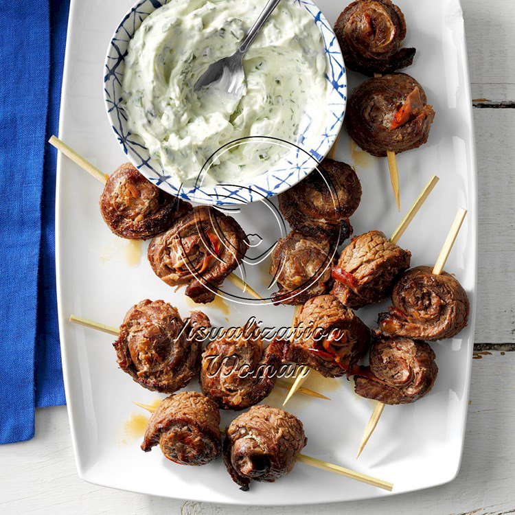 Steak & Prosciutto Skewers with Creamy Basil-Tarragon Sauce