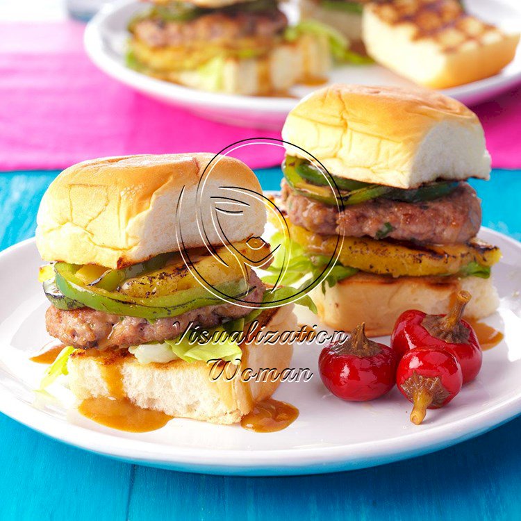 Pork Burgers with Grilled Pineapple & Peppers