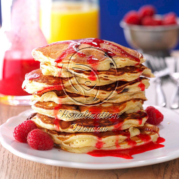 Chocolate Chunk Pancakes with Raspberry Sauce