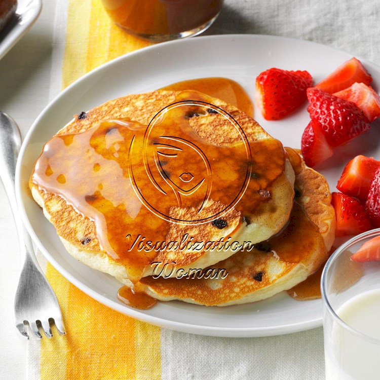 Chocolate Chip Pancakes with Cinnamon Honey Syrup